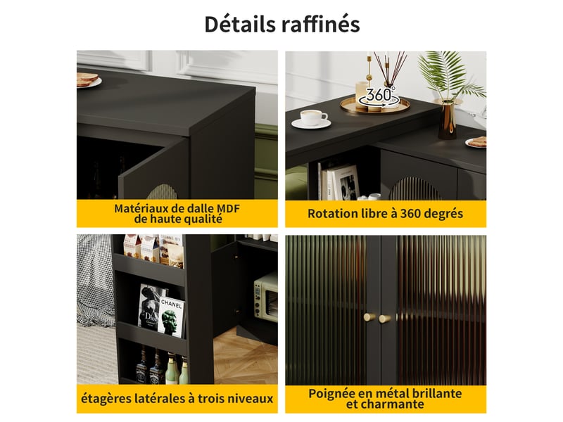  Table de bar 120 x 40 x 97 cm, pivotante à 360°, table à manger avec 3 portes, rangement ouvert - noir  - Conforama E