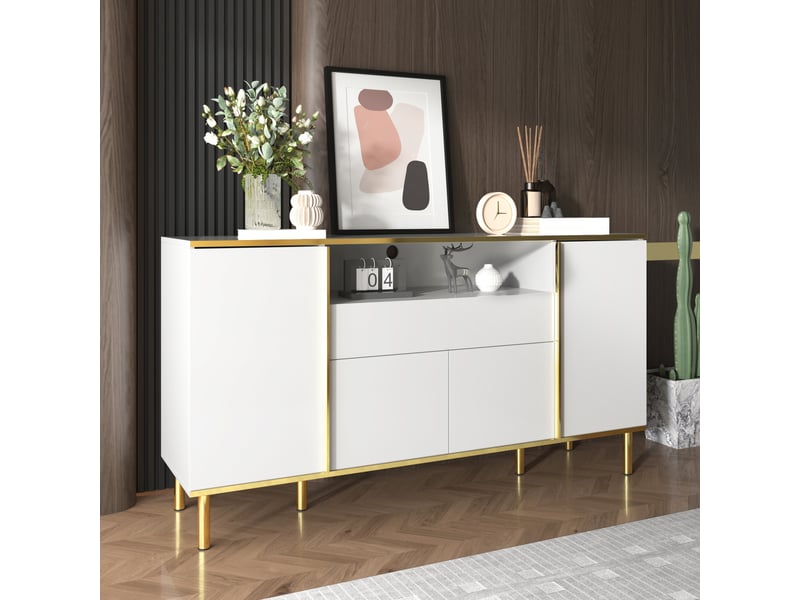 Buffet avec 4 portes, 1 tiroir et led pour salon en mdf et panneaux de particules 150×40×80 cm blanc brillant - Conforama C