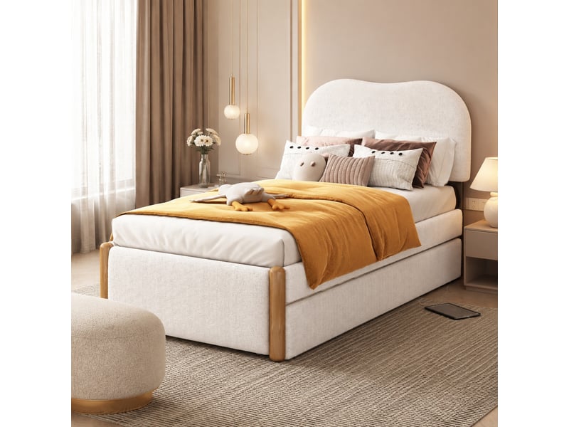  Lit gigogne 90x200 cm rembourré avec lit coulissant, revêtement peluche blanc  - Conforama C