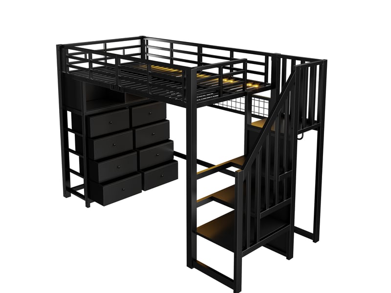  Lit mezzanine enfant 90x200 cm, 8 tiroirs, escalier de rangement, éclairage led, étagères et rangements suspendus, métal, noir evarich - Conforama D