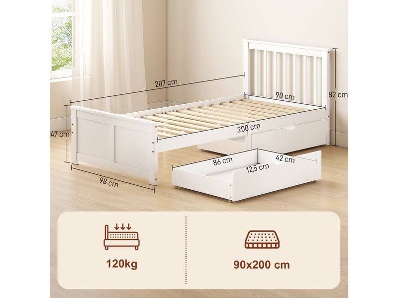  Cadre de lit simple 90x200 en bois blanc avec 2 tiroirs, lattes intégrées  - Conforama E
