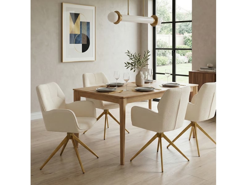  Lot de 2 chaises de salle à manger pivotantes 53,5x45x84 cm, chaise de bureau, avec accoudoirs, cadre métallique, tissu velours, blanc crème  - Conforama D