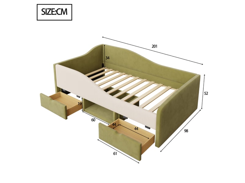  Canapé-lit 90x190 cm avec deux tiroirs et barrière de sécurité, cadre de lit adulte, lit simple en velours, vert foncé + crème  - Conforama D