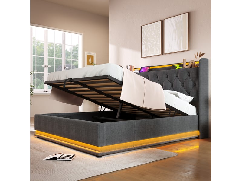  Lit coffre tcqpz 160 x 200 cm gris en lin avec led 360°, usb type-c, rangement hydraulique  - Conforama D