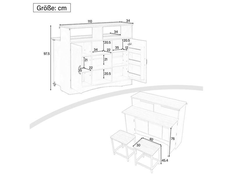 Îlot de cuisine 110x34-68x97,5 cm extensible, plateau rabattable et 2 tabourets inclus, pour cuisine, en mdf, blanc - Conforama C