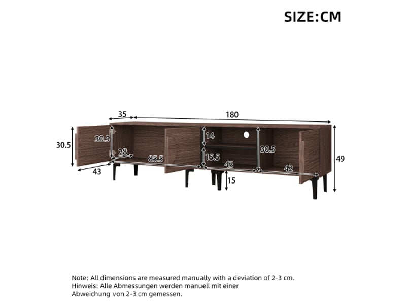  Meuble tv 180 x 35 x 49 cm effet noyer foncé, 3 portes et 2 niches ouvertes, jusqu’à 80 pouces  - Conforama D