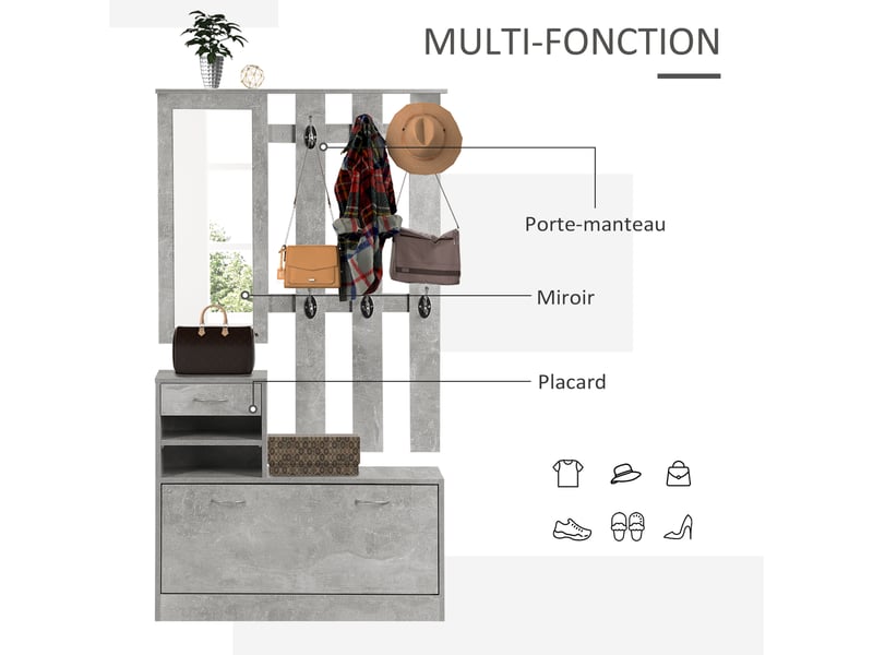 Ensembles 3 en 1 de meuble d'entrée vestiaire avec panneau porte-manteau, effet béton gris, miroir et banc à chaussures - 6 crochets et étagère réglable - Conforama A