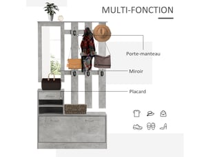 Ensembles 3 en 1 de meuble d'entrée vestiaire avec panneau porte-manteau, effet béton gris, miroir et banc à chaussures - 6 crochets et étagère réglable