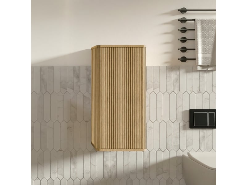  Meuble de salle de bain mural avec un design cannelé et une finition chêne, idéal pour les petits espaces.  - Conforama A