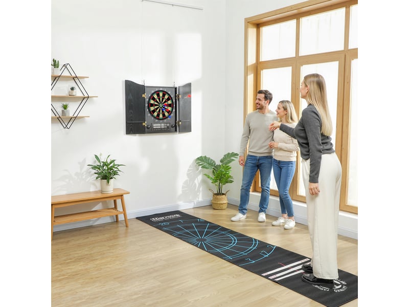  Cible de fléchettes électronique avec portes, aspect imitation bois, écran led, annonces vocales. 6 fléchettes et 24 pointes de rechange  - Conforama D