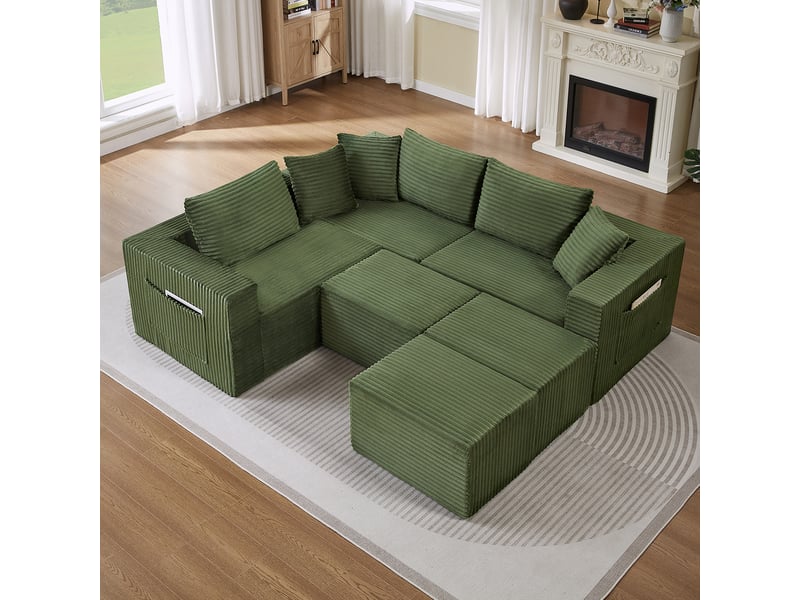 Canapé modulable 6 places en velours côtelé vert, assise souple et composition flexible IKSETERA TRADING LTD - Conforama D