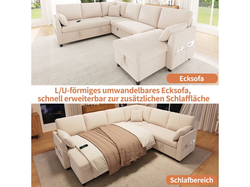 Canapé d'angle convertible 6 places avec rangement, ports usb et usb-c, poches latérales, tissu aspect lin beige - Conforama E