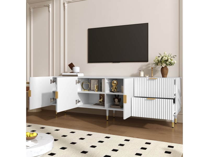  Meuble tv moderne avec tiroirs et portes, étagères, poignées dorées, pieds réglables - rangement salon  - Conforama D