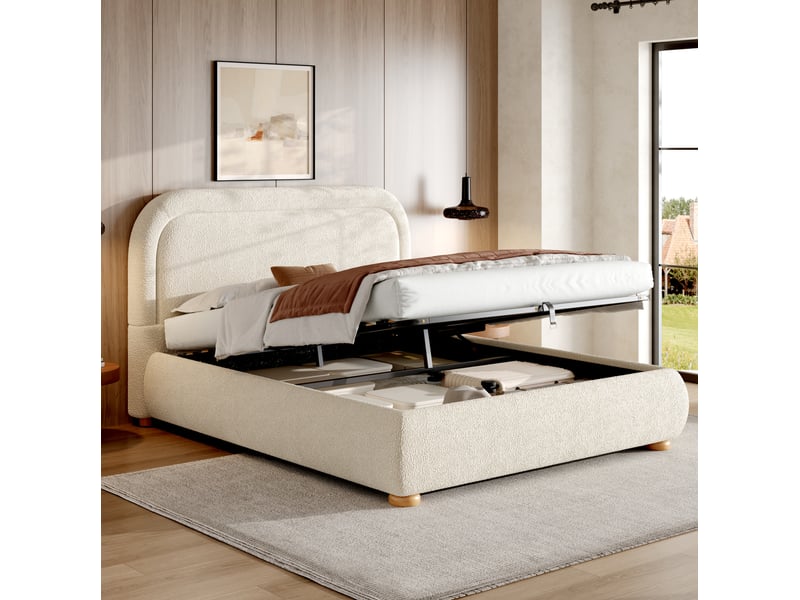  Lit coffre 2 places 140x200 cm avec sommier à lattes bouclé beige  - Conforama E