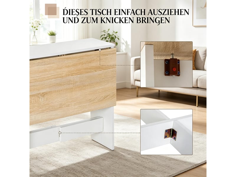 Table à manger pliante rabattable avec double plateau - lpospi - table cuisine bureau mdf chêne et blanc 103 × 76 cm - Conforama E