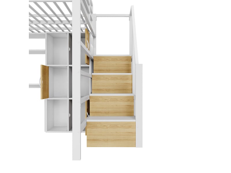 Lit superposé 140x200cm, escalier avec rangements, compartiment de rangement, bande lumineuse led, blanc - Conforama E