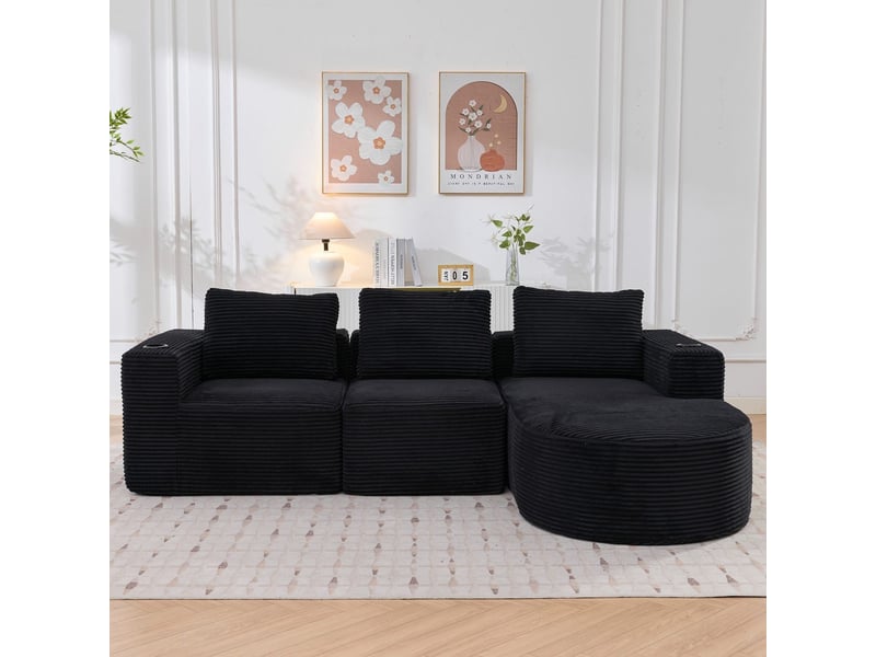  Canapé double 2 places 265 cm en velours côtelé noir avec 3 coussins et porte-gobelets BES-SD-B063BK - Conforama B