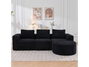 Canapé double 2 places 265 cm en velours côtelé noir avec 3 coussins et porte-gobelets