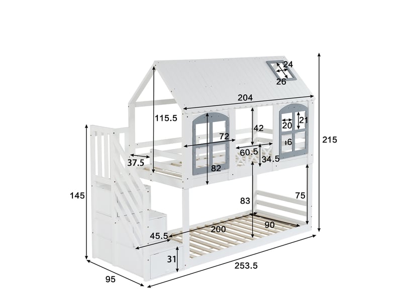 Lit superposé enfant 90x200 cm, lit cabane avec escalier de rangement, barrière de sécurité, en bois de pin massif et mdf, blanc - Conforama E