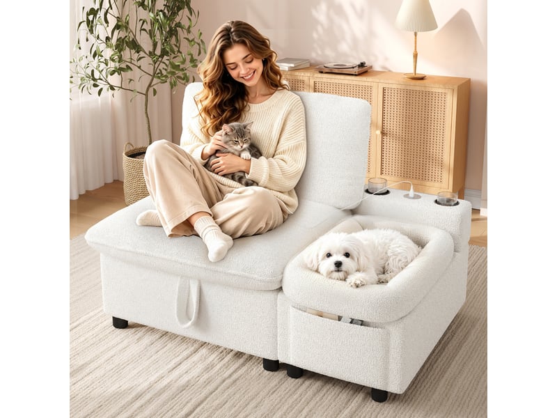  Fauteuil 1 place 110x81x87 cm, canapé avec rangement, rangement dissimulé, rangement intégré, ports usb et type-c, design moderne, tissu bouclé beige CozyNest - Conforama B