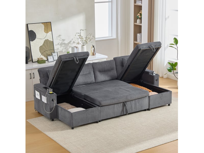  Canapé scandinave 4 places 272x136x86 cm, velours côtelé gris, deux méridiennes réversibles, coffres, porte-gobelets, usb-c  - Conforama E