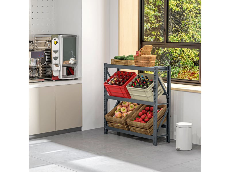 Étagère boissons autoportante 3 niveaux, 6 caisses, hauteur réglable, grise, 110x30x110 cm.  - Conforama D