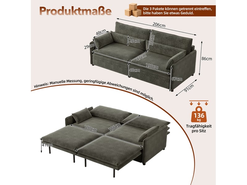  Canapé-lit 3 places 206x91x86 cm 3-en-1, convertir, tissu couleur gris foncé, mousse et bois, design moderne  - Conforama C