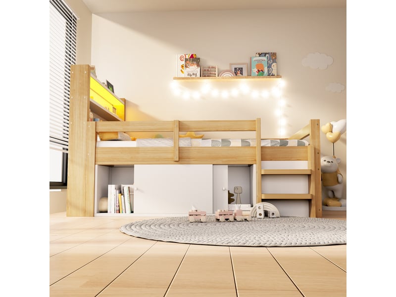  Lit enfant en bois, 90 x 200 cm, avec étagères, compartiments de rangement et placards à portes coulissantes, naturel  - Conforama D