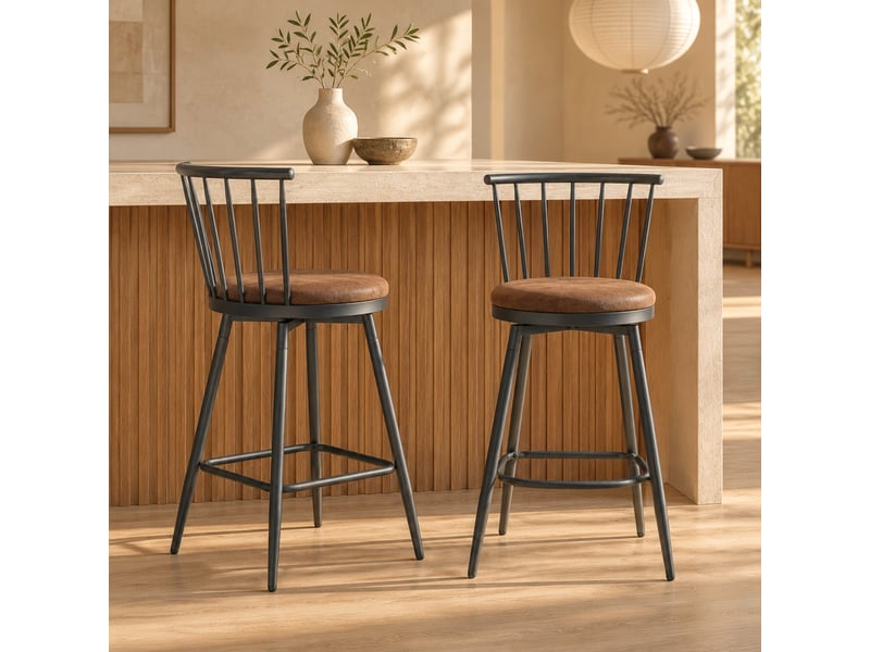  Tabouret de bar avec dossier windsor - lpospi - assise rembourrée, repose-pieds, structure métallique, tissu - marron  - Conforama C