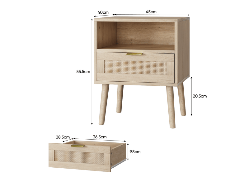  Table de chevet en vigne 45x40x55 cm, tiroir, niche ouverte, style bohème, pour chambre, mdf aggloméré, couleur chêne  - Conforama C
