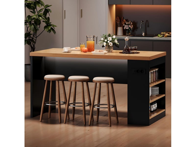  Îlot de cuisine 155x80x90 cm avec led, prises et 3 étagères ouvertes, noir et naturel  - Conforama C