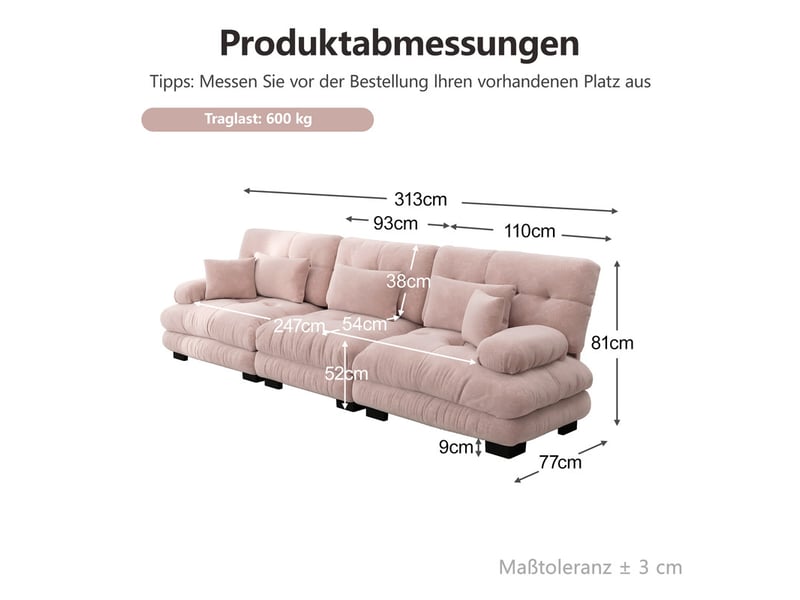  Canapé d'angle modulable 3 places à assise profonde, assise confortable, chenille rose, 313x77x81cm  - Conforama C