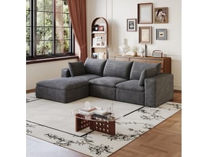 Canapé modulable 3 places avec pouf en tissu velours côtelé gris foncé,coussins déhoussables et sans montage