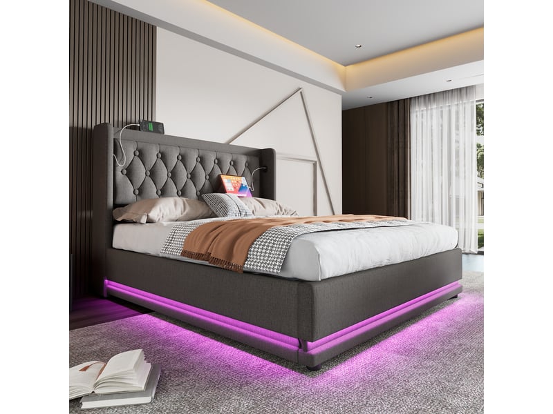  Lit 160x200 cm avec coffre, éclairage led, tête capitonnée et ports usb intégrés  - Conforama D