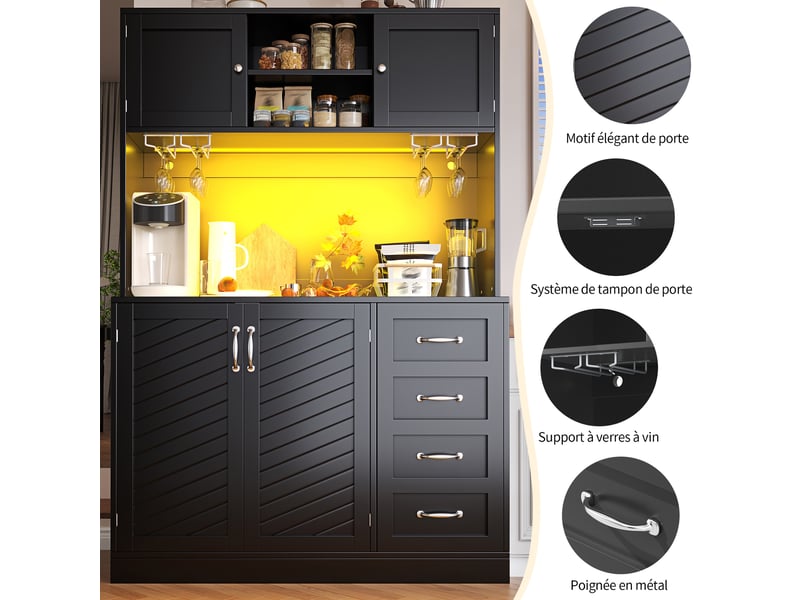  Buffet haut de cuisine noir 120x40x188 cm, meuble de rangement avec led, étagère en-cas, porte-gobelets, 4 portes 2 tiroirs  - Conforama B