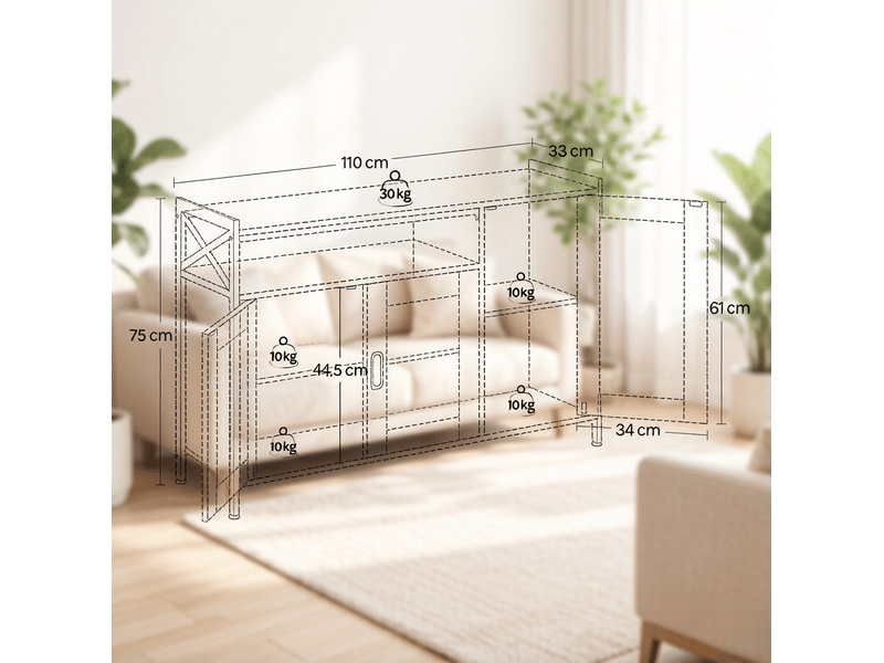 Buffet et enfilade avec 2 portes, niche ouverte et étagères réglables pour cuisine, marron, 110 × 33 × 75 cm - Conforama E
