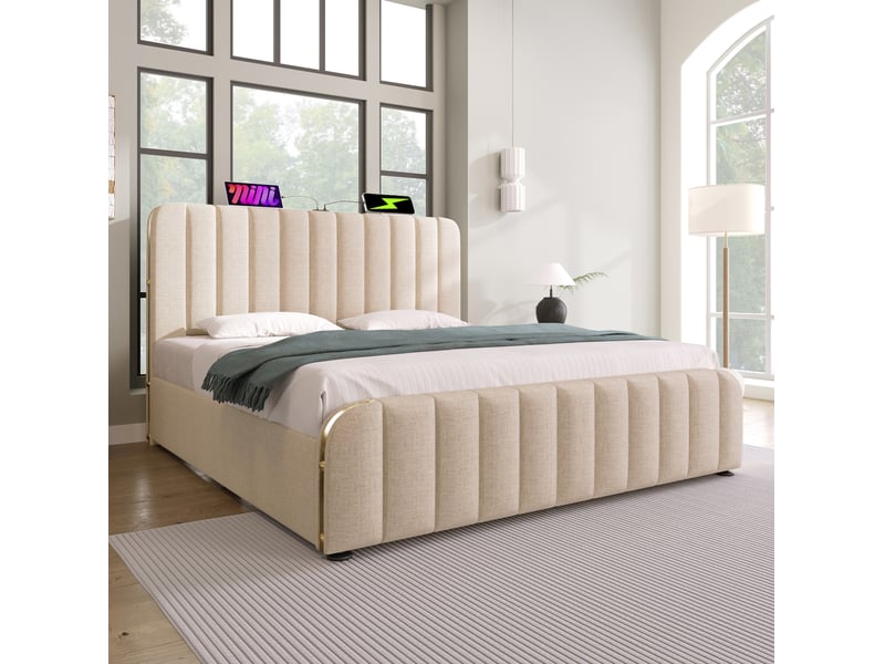  Lit adulte 140x200 cm 2 places avec lit coffre, tête de lit, sommier et rangement, revêtement lin beige, sans matelas  - Conforama B