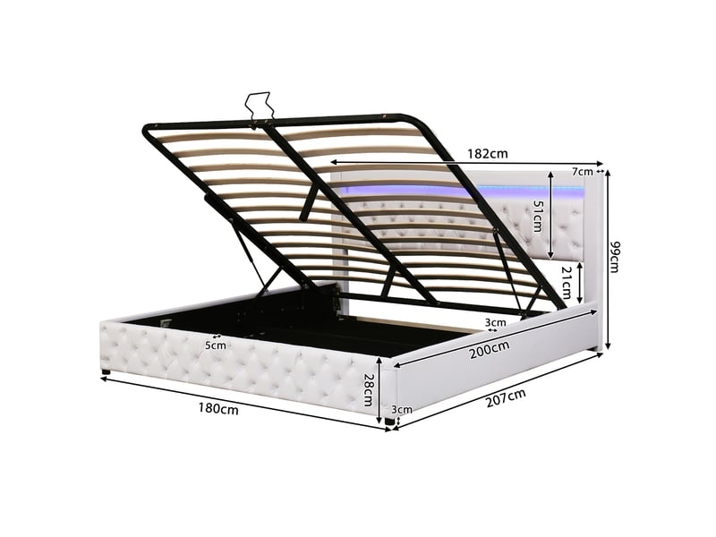  Lit double 180x200 cm avec rangement hydraulique et éclairage led réglable, tête de lit rembourrée, sommier à lattes, revêtement pu blanc  - Conforama D
