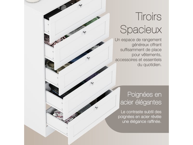 Commode altino 5 tiroirs, chambre, rangement vêtements, meuble, 121x65x36cm, blanc 3332184 - Conforama E