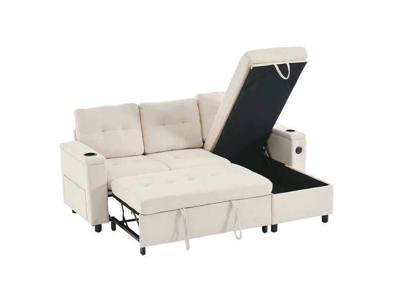  Canapé d'angle convertible, canapé 3 places beige avec coffre de rangement, lit d'appoint avec led et ports usb pour salon moderne  - Conforama A