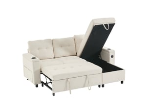 Canapé d'angle convertible, canapé 3 places beige avec coffre de rangement, lit d'appoint avec led et ports usb pour salon moderne