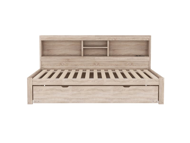  Lit banquette naturel 90x200 cm, lit gigogne, led, rangements, prise et usb  - Conforama A