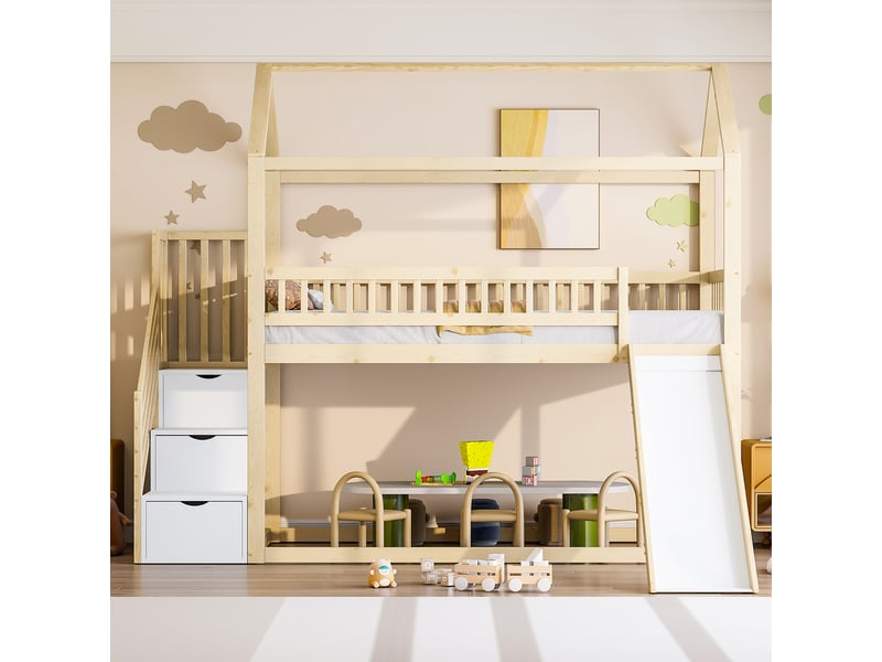  Lit mezzanine enfant 90 x 200 cm avec toboggan et échelle de rangement, cadre en bois massif, coloris bois naturel  - Conforama E