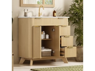 Meuble salle de bain 81 cm sur pied bois naturel avec vasque céramique, 3 tiroirs et portes effet vague