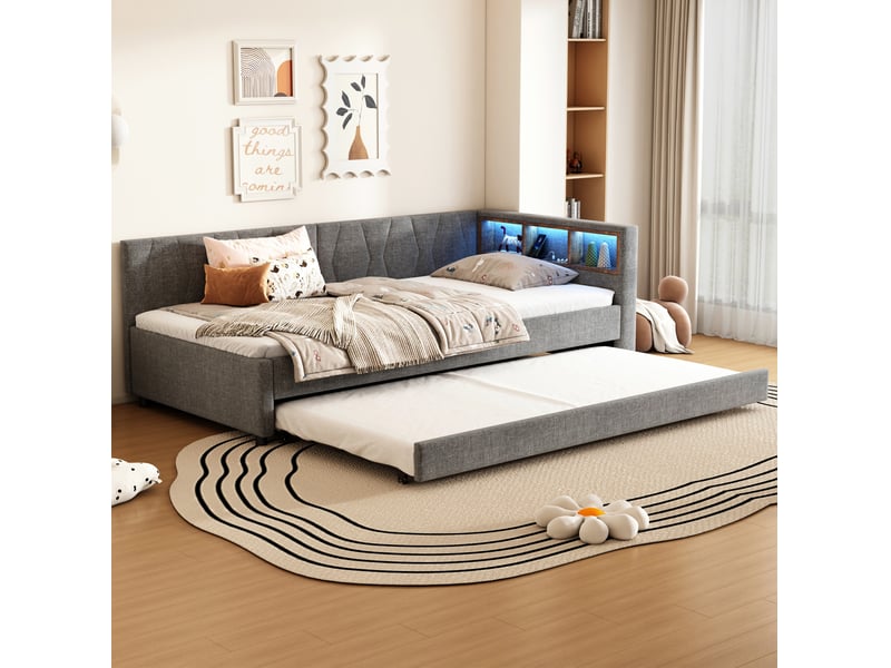 Lit enfant 90x200 cm (gigogne 90x190 cm) gain de place led couleur usb et type‑c rangements lin mdf gris sans matelas - Conforama D