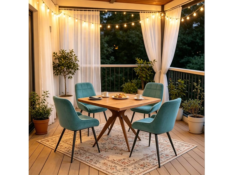  Lot de 4 chaises de salle à manger 52.5×43×81.5cm, structure métallique turquoise, dossier incurvé  - Conforama E