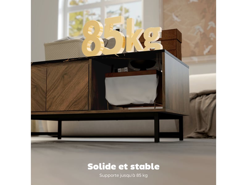  Table basse, table de salon, plateau effet marbre, 2 portes et 2 niches ouvertes, noyer, 100 x 50,8 x 45,7 cm  - Conforama R