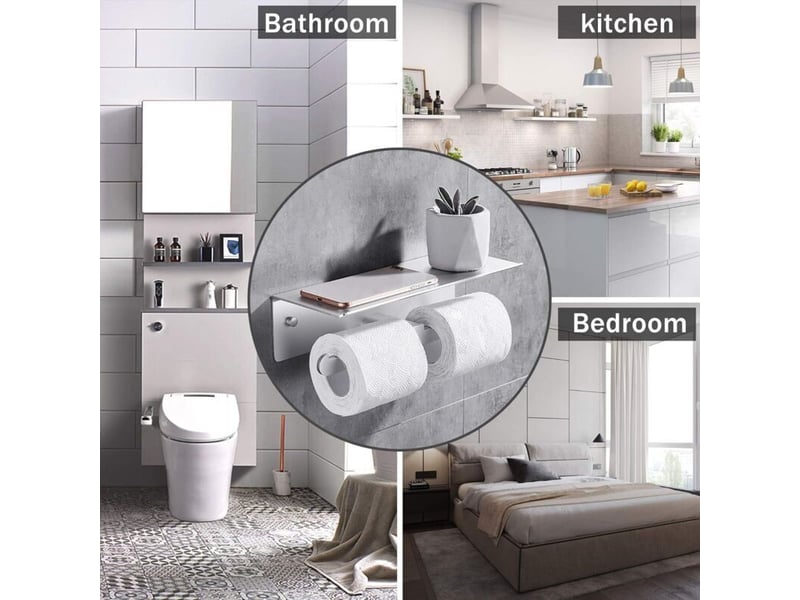 Porte papier toilette mural aluminium double argent, support hygiénique avec plateau rangement sans perçage - Conforama C