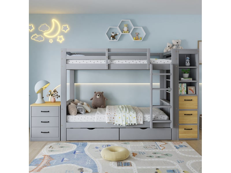  Lit superposé 90 × 200 cm 2 places avec 2 tiroirs, étagères et commode, sans matelas, en bois gris  - Conforama C