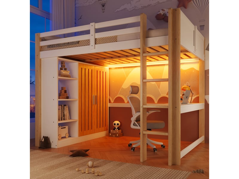  Lit mezzanine 140x200 cm avec bureau armoire led et étagères lit enfant avec échelle en pin et mdf blanc bois naturel BUYDEEMEUS - Conforama B